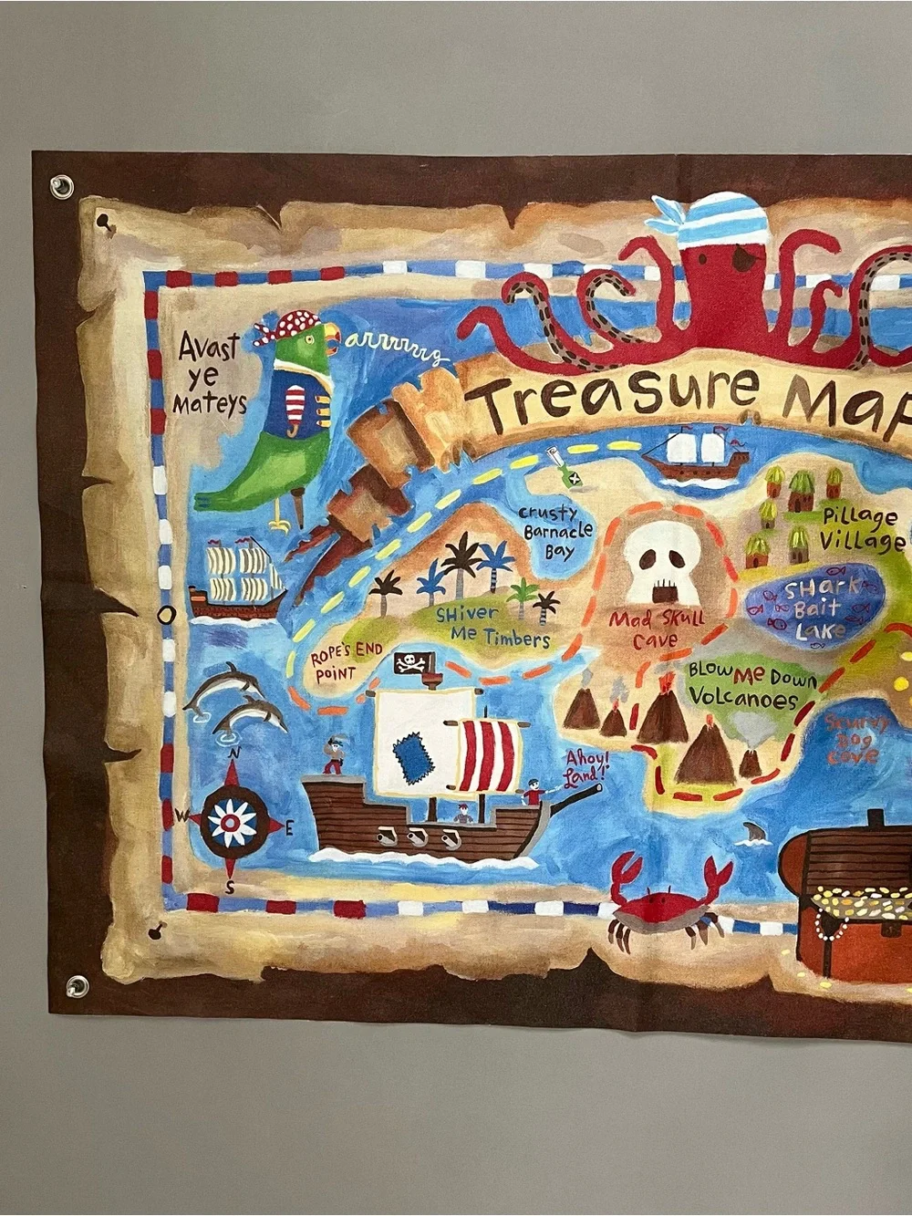 Oopsy Daisy Kids Treasure Map Pirate Fabric Tapestry 37”X 26” w/ Grommets USA